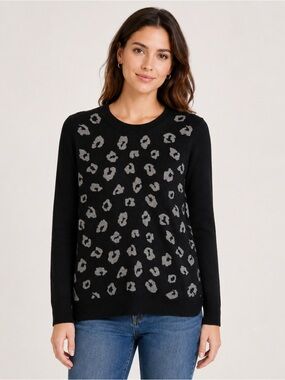 Garnet Hill 100% Wool Knit Leopard Crewneck Sweater Black Gray Womens Medium EUC